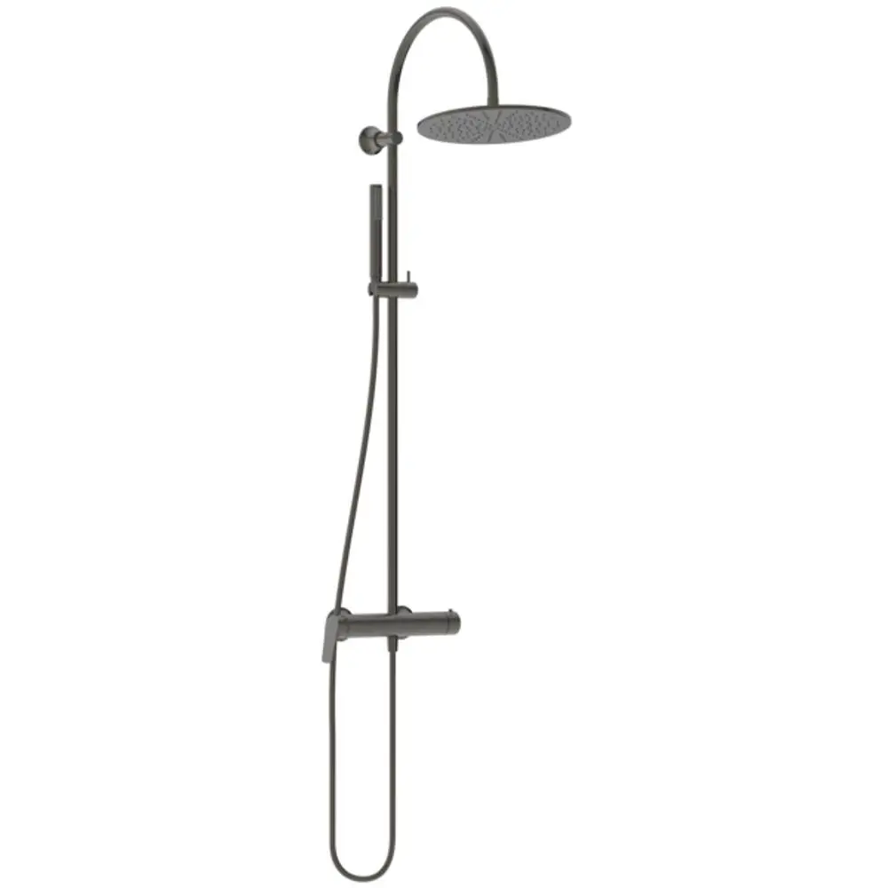 Duschsystem in edlem Grau mit festem Brausekopf und Handbrause von Ideal Standard, in vertikaler Anordnung montiert, klare Linienführung.